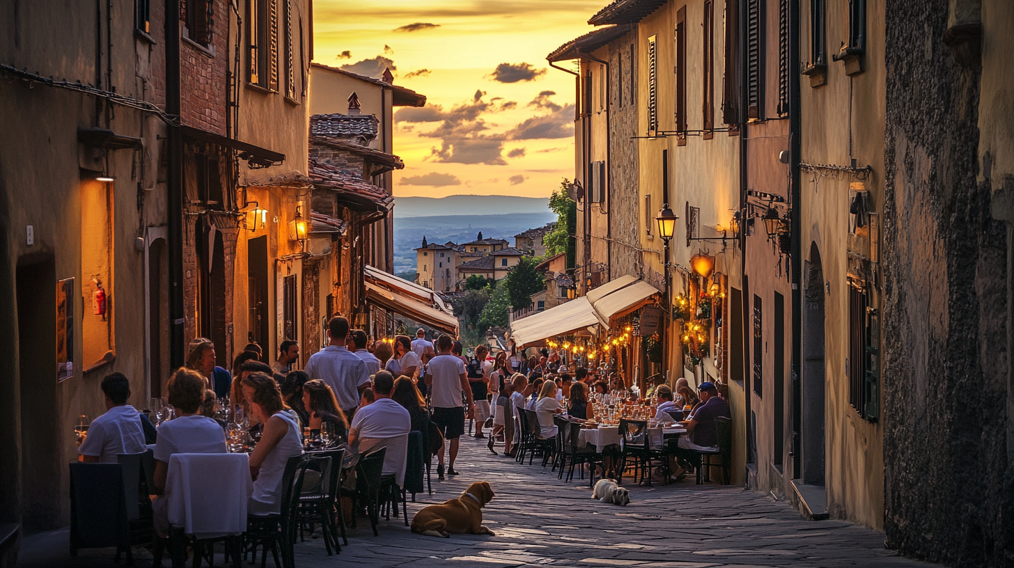 Friends gathered at a long vineyard table